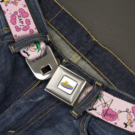 THE FAIRLY ODDPARENTS Logo Full Color White Seatbelt Belt - The Fairly OddParents Cosmo and Wanda Wish Poses Pink Webbing