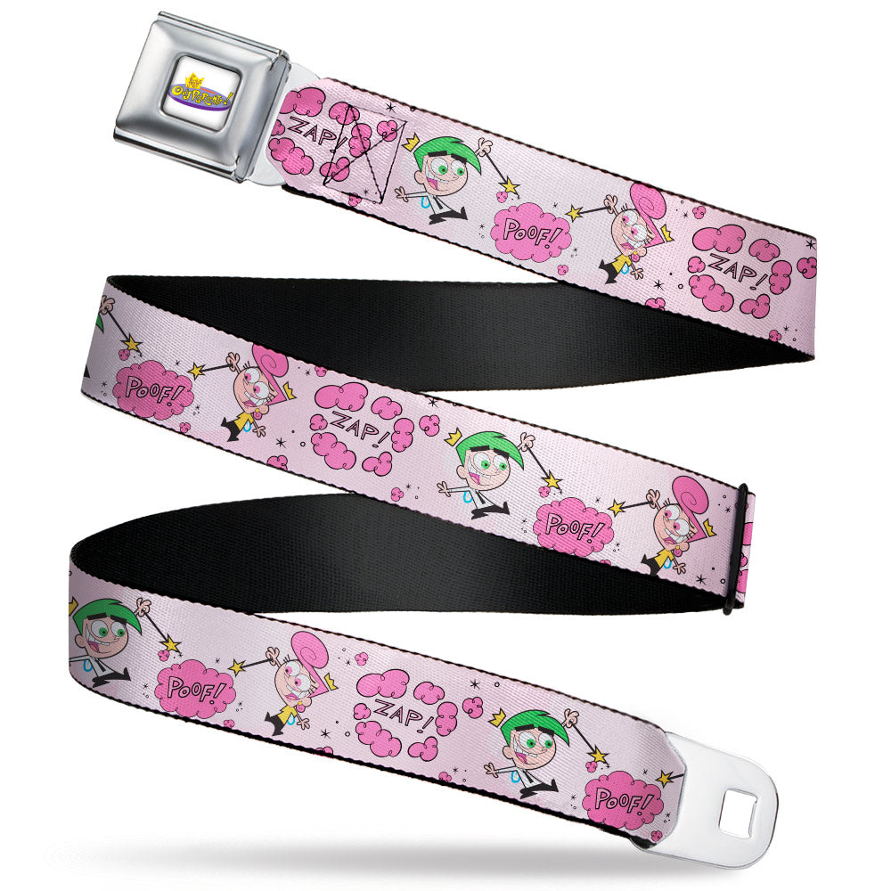 THE FAIRLY ODDPARENTS Logo Full Color White Seatbelt Belt - The Fairly OddParents Cosmo and Wanda Wish Poses Pink Webbing