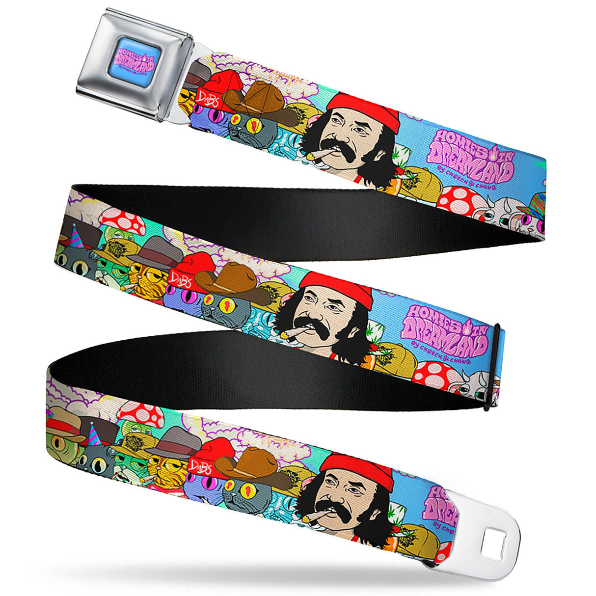 HOMIES IN DREAMLAND BY CHEECH & CHONG Title Logo Full Color Blue/Purples Seatbelt Belt - HOMIES IN DREAMLAND Title Logo Cheech and Chong with Homies Characters Blue Webbing