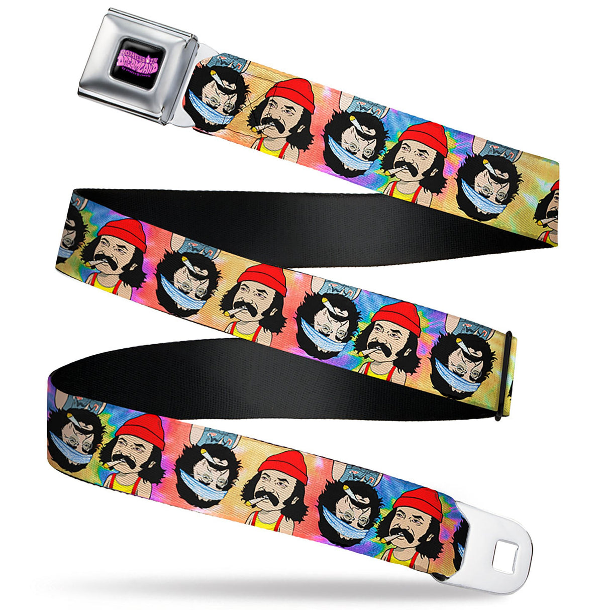 HOMIES IN DREAMLAND BY CHEECH & CHONG Title Logo Full Color Black/Purples Seatbelt Belt - Homies in Dreamland Cheech and Chong Pose Flip Tie Dye Multi Color Webbing