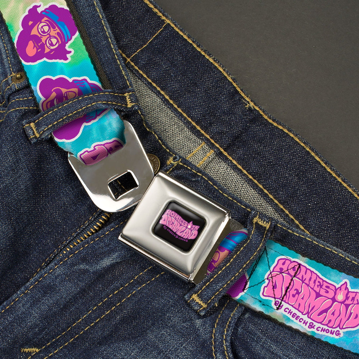 HOMIES IN DREAMLAND BY CHEECH & CHONG Title Logo Full Color Black/Purples Seatbelt Belt - HOMIES IN DREAMLAND Title Logo Cheech and Chong Faces Tie Dye Blues Webbing