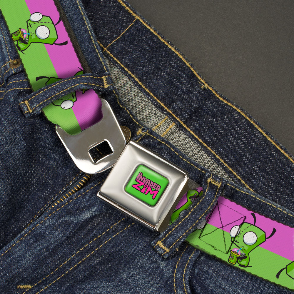 INVADER ZIM Title Logo Full Color Green/Pinks Seatbelt Belt - Invader Zim GIR Drinking Pose Stripe Purple/Green Webbing