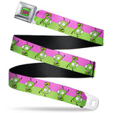 INVADER ZIM Title Logo Full Color Green/Pinks Seatbelt Belt - Invader Zim GIR Drinking Pose Stripe Purple/Green Webbing