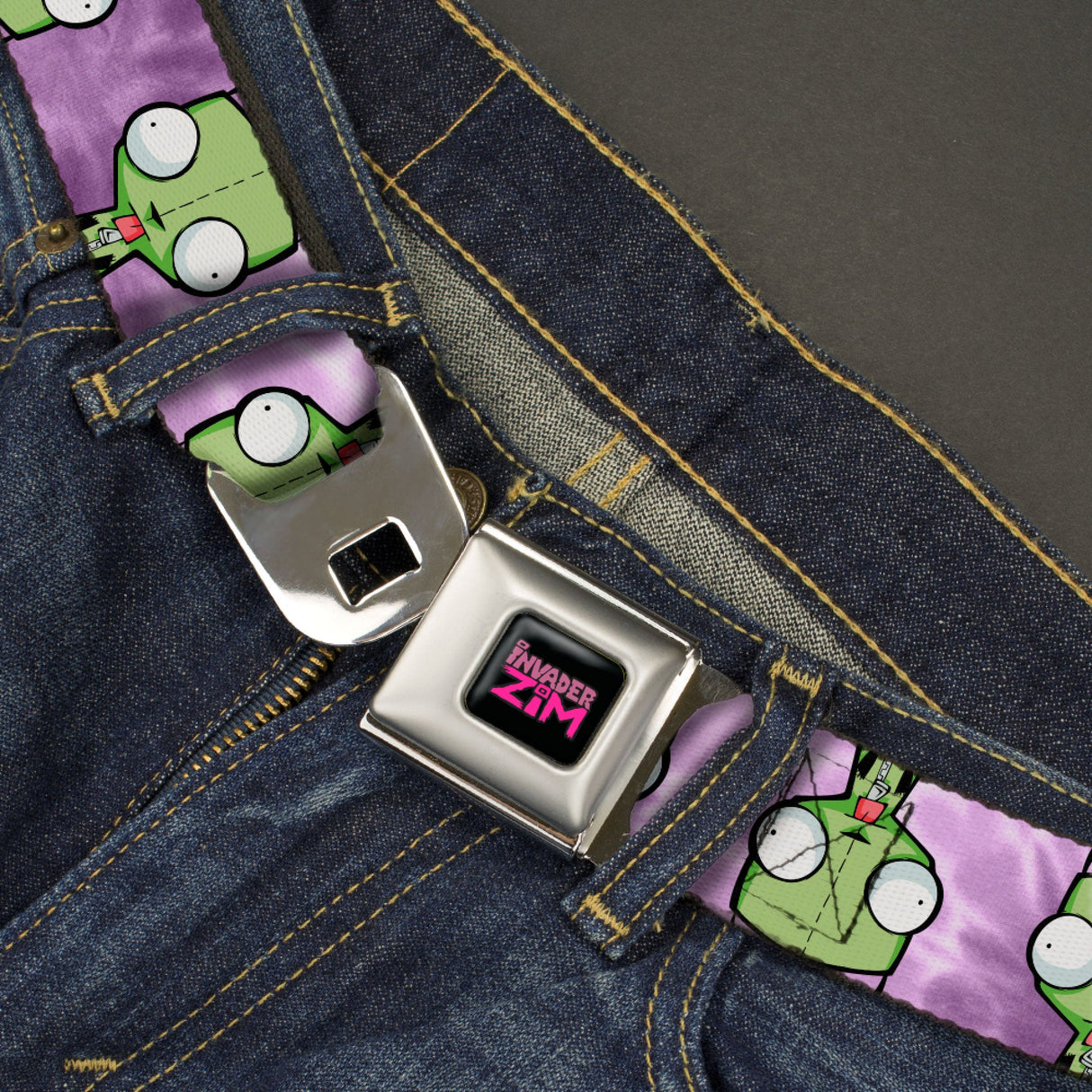 INVADER ZIM Title Logo Full Color Pink/Green Seatbelt Belt - Invader Zim GIR Flip Poses Tie Dye Blues Webbing