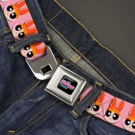 THE POWERPUFF GIRLS Animated Series Title Logo Full Color Black Seatbelt Belt - The Powerpuff Girls Blossom Face Close-Up Pink Webbing