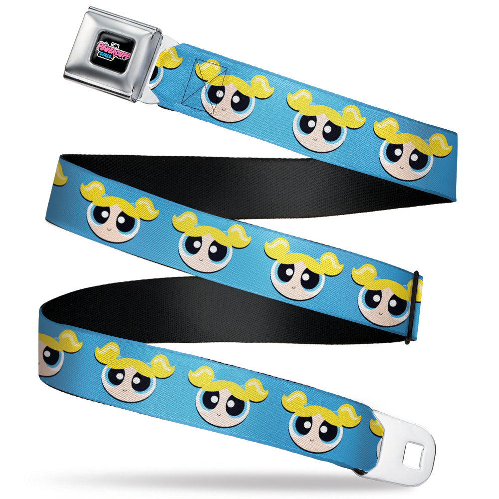 THE POWERPUFF GIRLS Animated Series Title Logo Full Color Black Seatbelt Belt - The Powerpuff Girls Bubbles Face Close-Up Blue Webbing