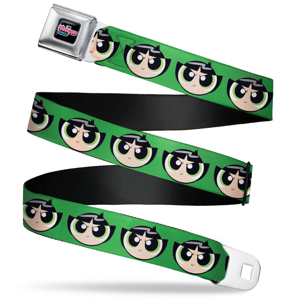 THE POWERPUFF GIRLS Animated Series Title Logo Full Color Black Seatbelt Belt - The Powerpuff Girls Buttercup Face Close-Up Green Webbing