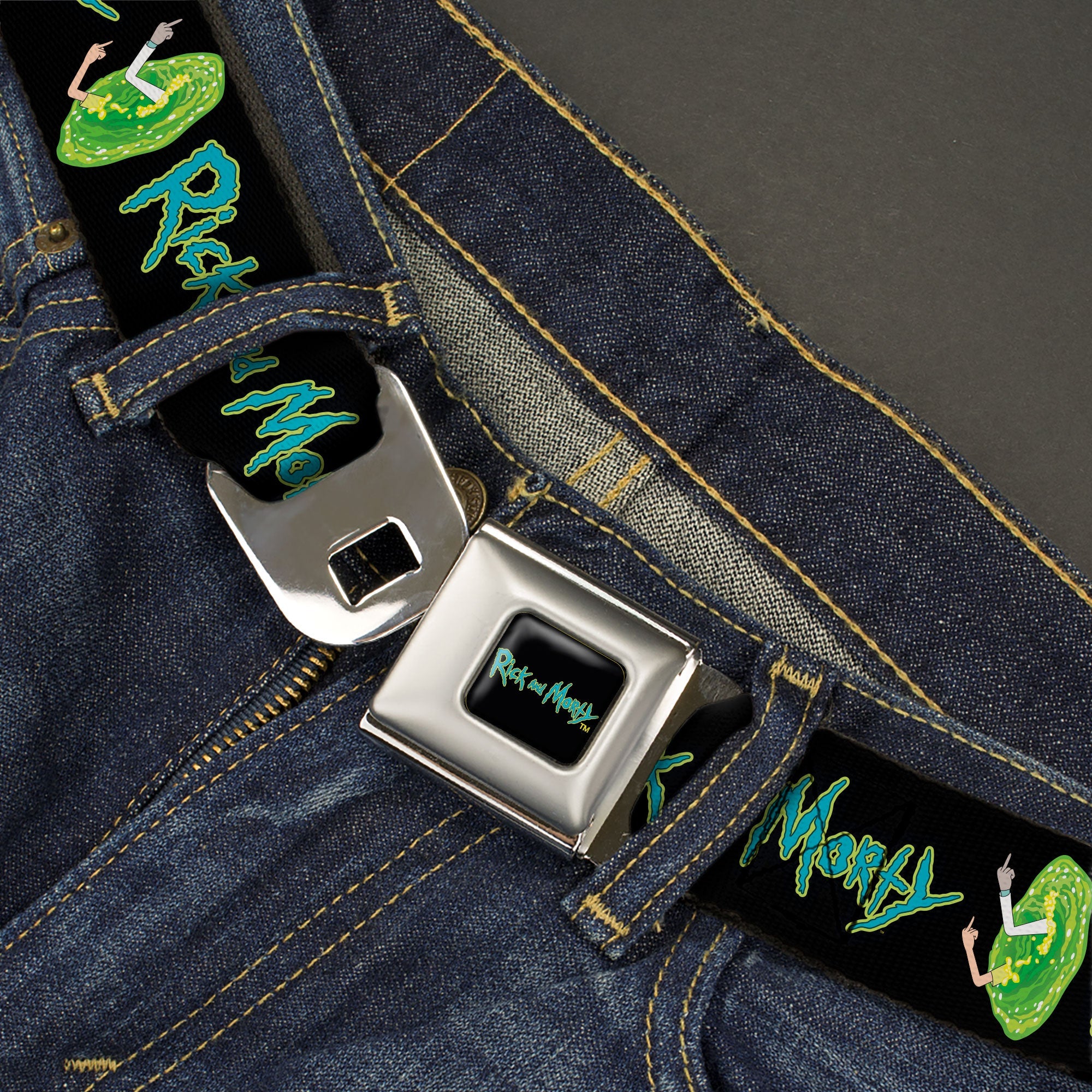 RICK AND MORTY Text Logo Full Color Black/Blue Seatbelt Belt - RICK AND MORTY Title Logo and Middle Finger Portal Jump Black Webbing