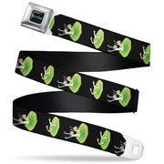 RICK AND MORTY Text Logo Full Color Black/Blue Seatbelt Belt - Rick and Morty Middle Finger Portal Jump Poses Black Webbing