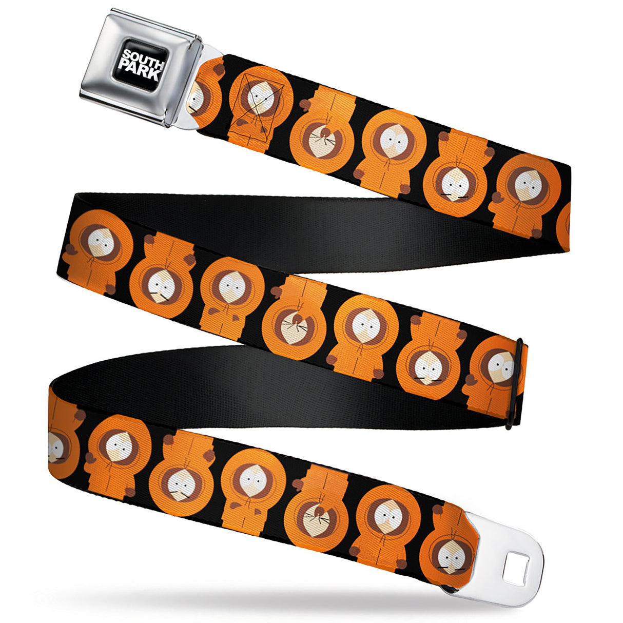 SOUTH PARK Title Logo Full Color Black/White Seatbelt Belt - South Park Kenny Flip Poses Black Webbing