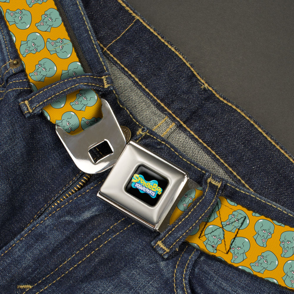 SpongeBob SquarePants Logo Full Color Black/Blues Seatbelt Belt - SpongeBob Handsome Squidward Face Scattered Orange Webbing