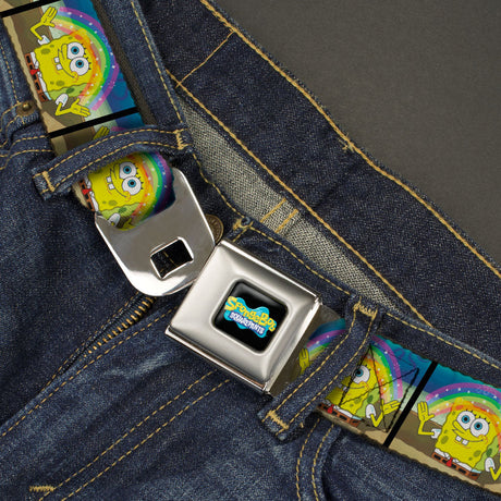 SpongeBob SquarePants Logo Full Color Black/Blues Seatbelt Belt - SpongeBob SquarePants Smiling Rainbow Pose Blocks Webbing