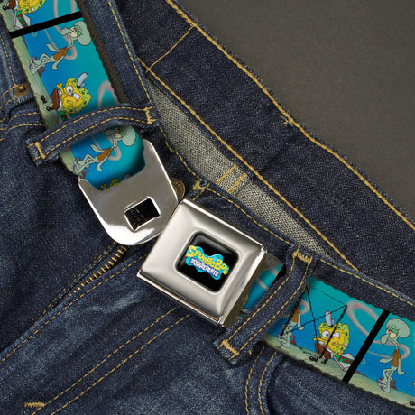 SpongeBob SquarePants Logo Full Color Black/Blues Seatbelt Belt - SpongeBob SquarePants and Squidward Pizza Scene Pose Blocks Webbing