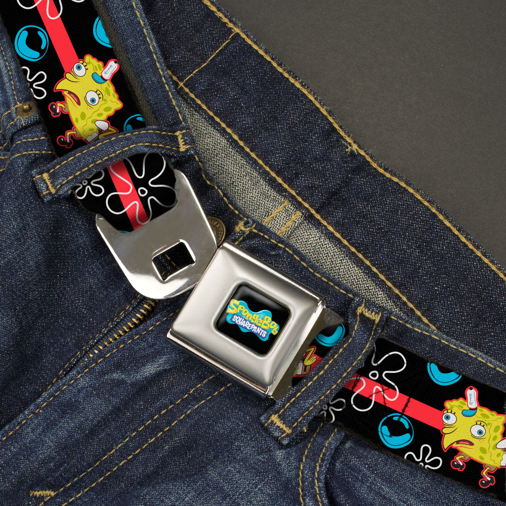 SpongeBob SquarePants Logo Full Color Black/Blues Seatbelt Belt - Mocking SpongeBob Pose and Bubbles Stripe Black/Blue/Red Webbing