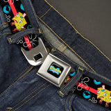 SpongeBob SquarePants Logo Full Color Black/Blues Seatbelt Belt - Mocking SpongeBob Pose and Bubbles Stripe Black/Blue/Red Webbing