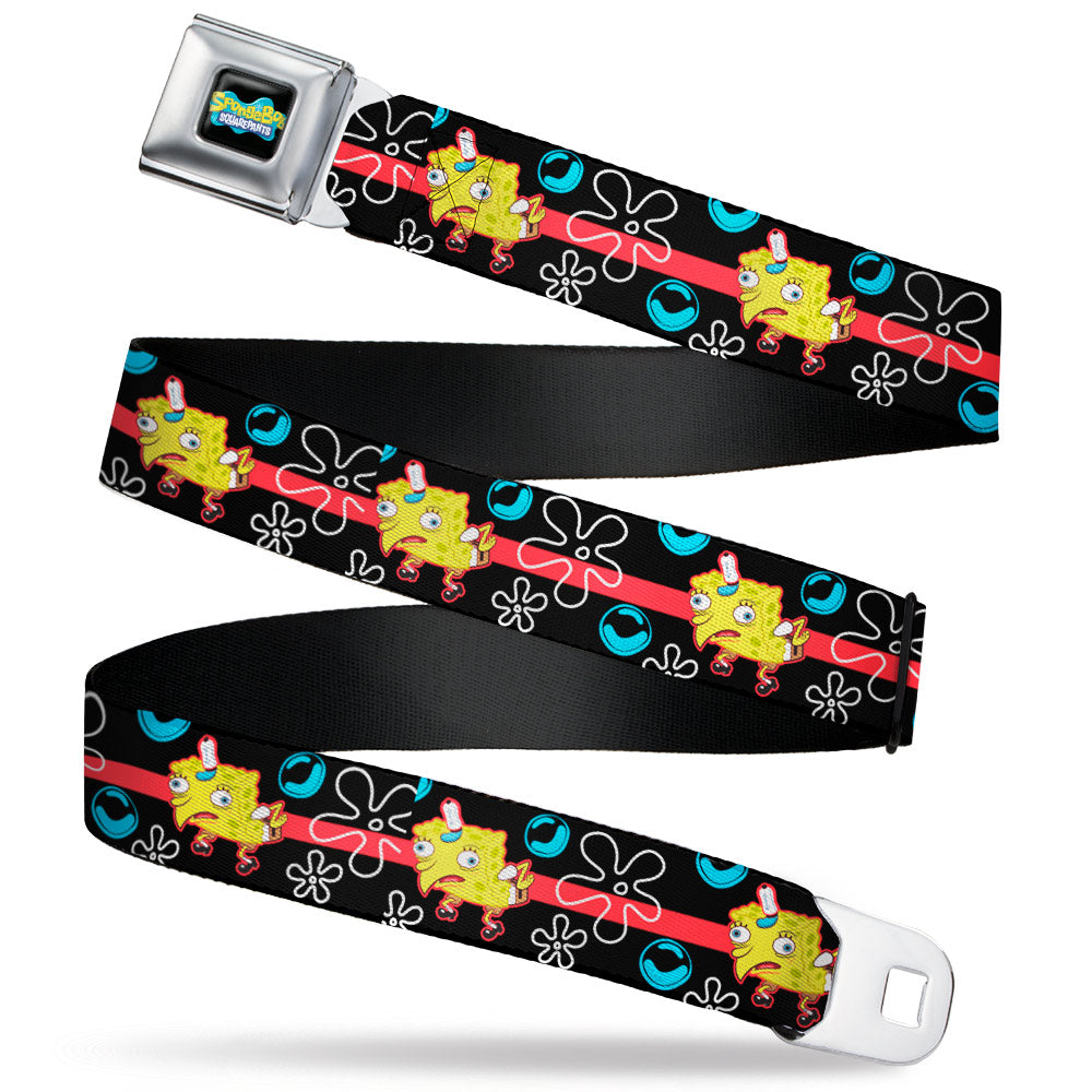 SpongeBob SquarePants Logo Full Color Black/Blues Seatbelt Belt - Mocking SpongeBob Pose and Bubbles Stripe Black/Blue/Red Webbing