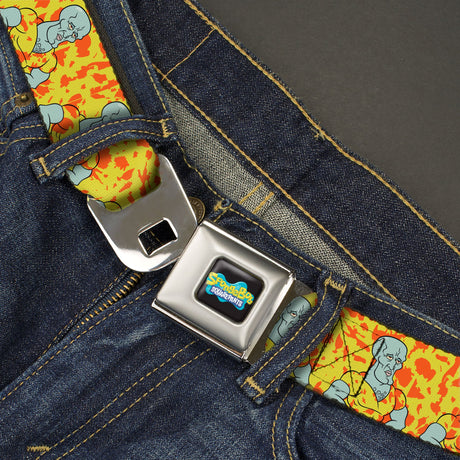 SpongeBob SquarePants Logo Full Color Black/Blues Seatbelt Belt - SpongeBob Handsome Squidward Pose Yellow/Orange Webbing