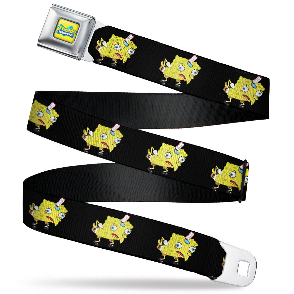 SpongeBob SquarePants Logo Full Color Yellows/Blues Seatbelt Belt - Mocking SpongeBob SquarePants Pose Black Webbing