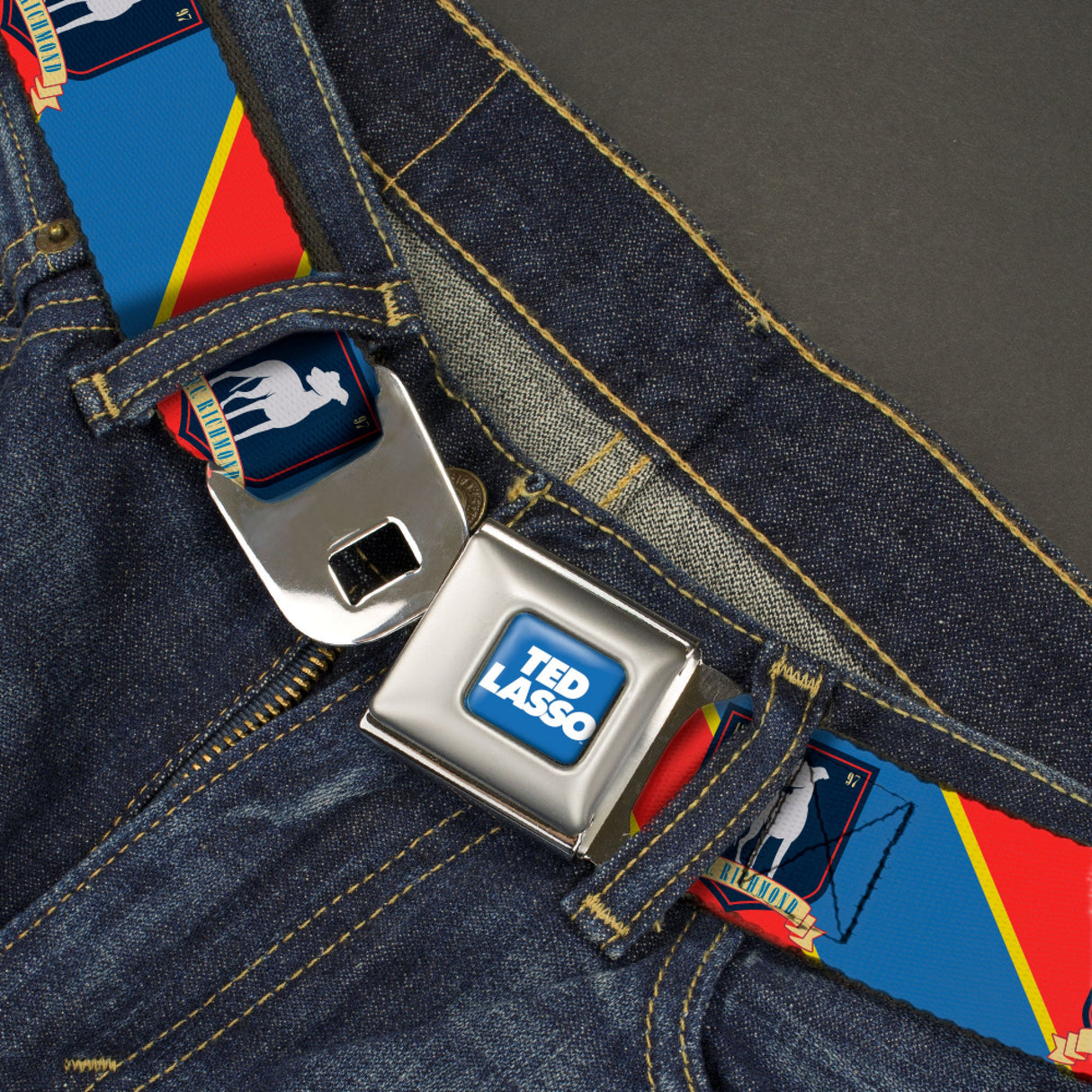 TED LASSO Title Logo Full Color Blue/White Seatbelt Belt - Ted Lasso AFC Richmond Logo Stripe Blue/Yellow/Red Webbing