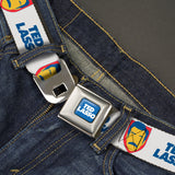 TED LASSO Title Logo Full Color Blue/White Seatbelt Belt - TED LASSO Icon and Text White/Blue/Red/Yellow Webbing