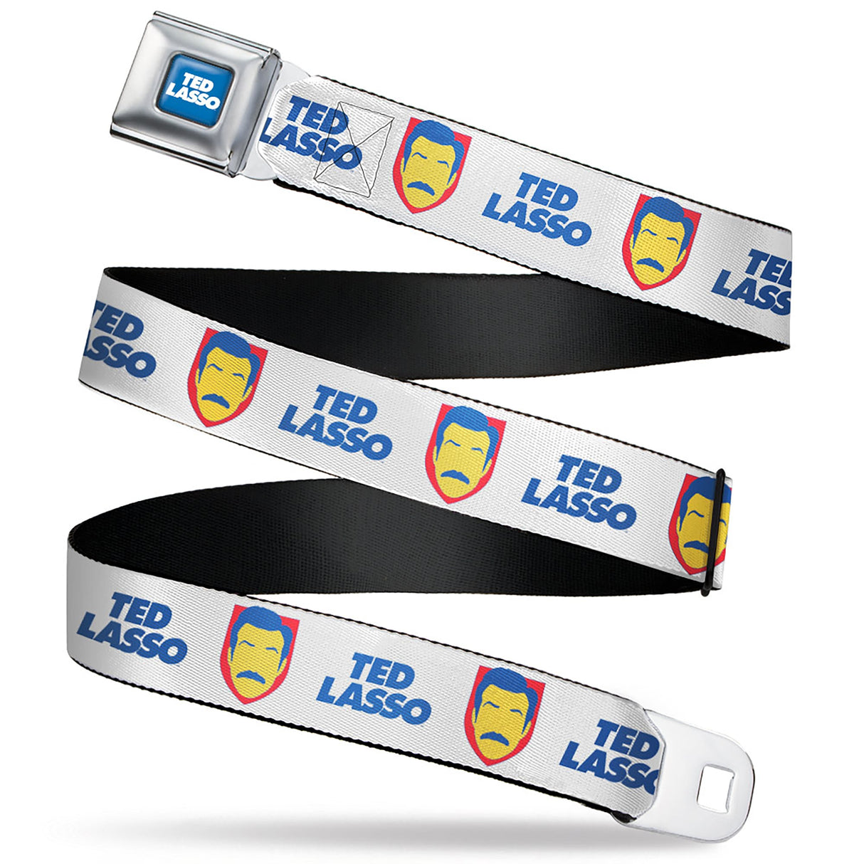 TED LASSO Title Logo Full Color Blue/White Seatbelt Belt - TED LASSO Icon and Text White/Blue/Red/Yellow Webbing