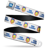 TED LASSO Title Logo Full Color Blue/White Seatbelt Belt - TED LASSO Icon and Text White/Blue/Red/Yellow Webbing