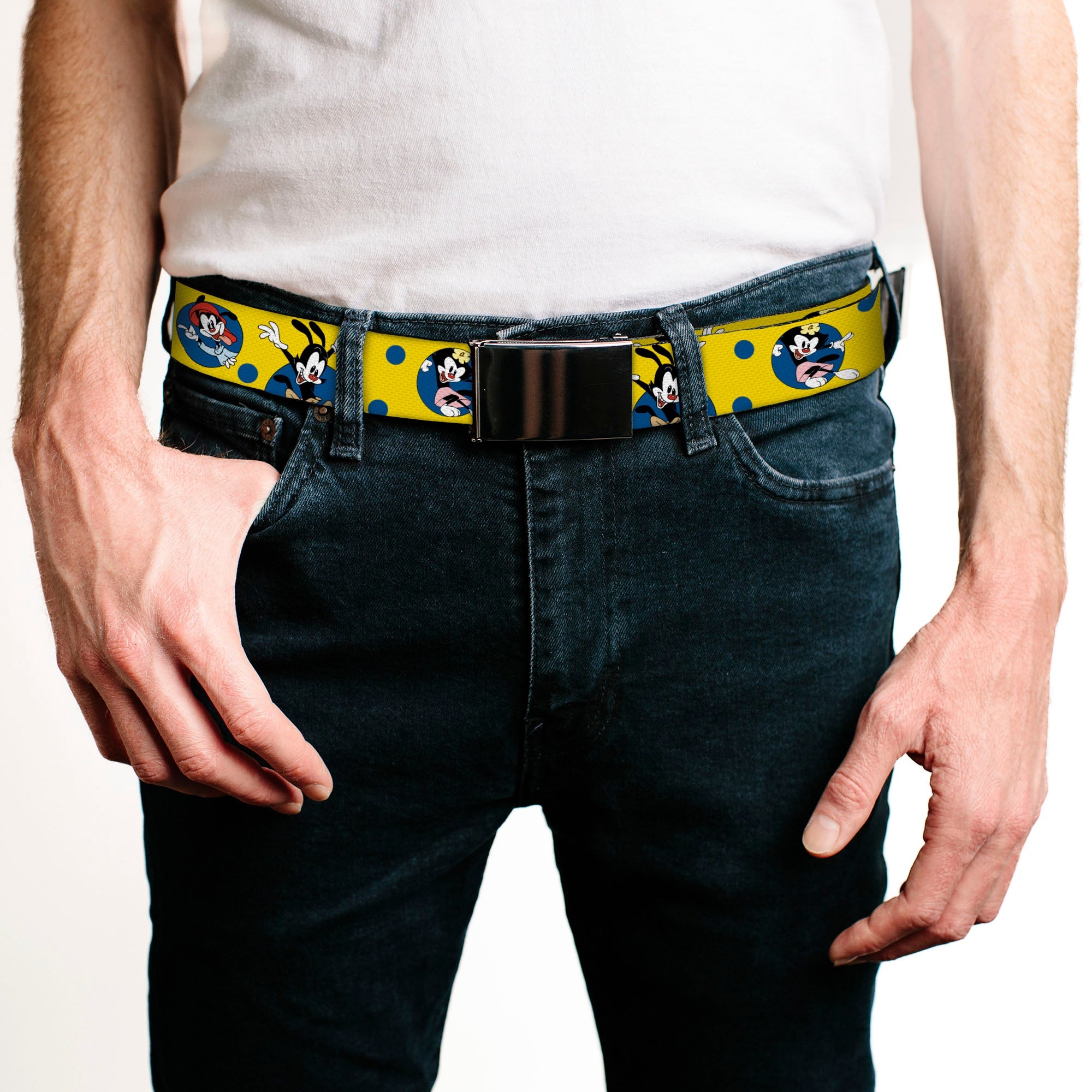 Black Buckle Web Belt - Animaniacs Yakko Wakko and Dot Poses Yellow/Blue Webbing