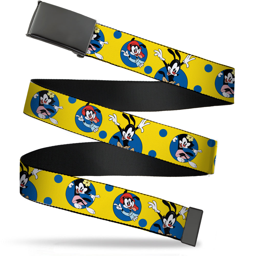 Black Buckle Web Belt - Animaniacs Yakko Wakko and Dot Poses Yellow/Blue Webbing