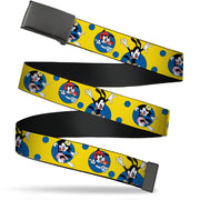 Black Buckle Web Belt - Animaniacs Yakko Wakko and Dot Poses Yellow/Blue Webbing