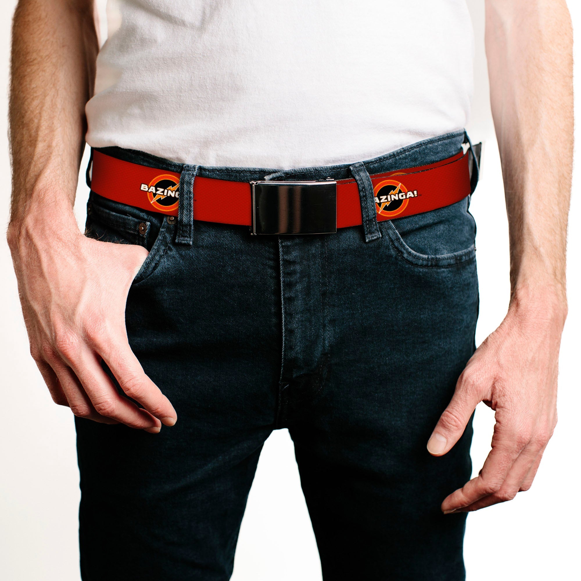 Black Buckle Web Belt - BAZINGA! Logo Burgundy Webbing