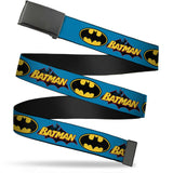 Web Belt Blank Black Buckle - Vintage Batman Logo & Bat Signal Blue Webbing