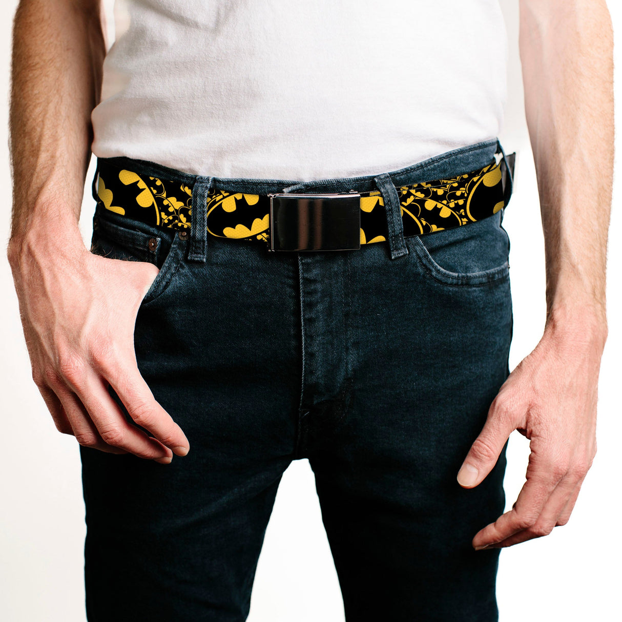 Black Buckle Web Belt - Bat Signals Stacked w/CLOSE-UP Yellow/Black Webbing