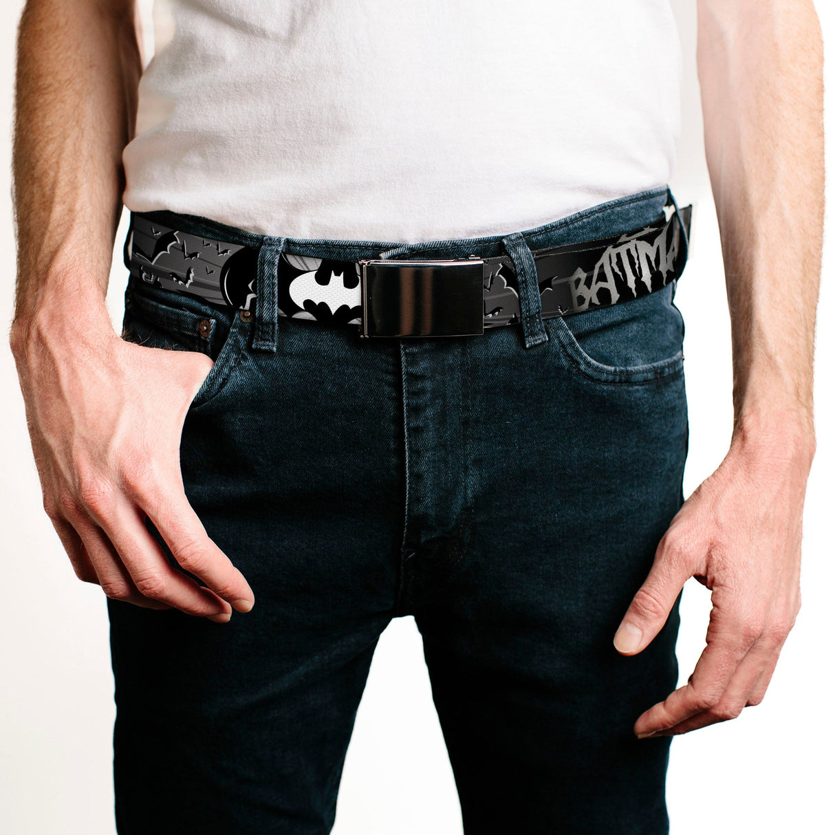 Black Buckle Web Belt - BATMAN w/Bat Signals & Flying Bats Black/White Webbing