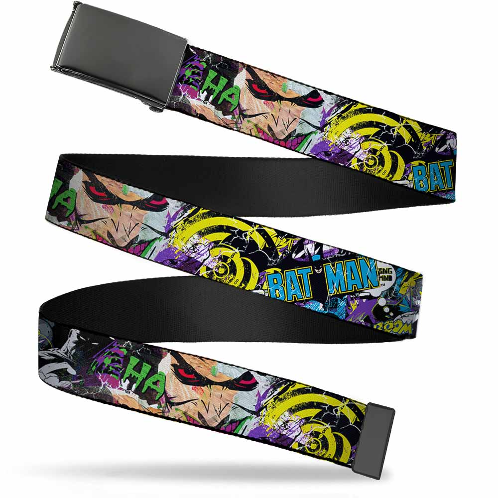 Black Buckle Web Belt - BATMAN/Joker Face CLOSE-UP Gotham City Graffiti Collage Webbing