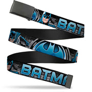 Black Buckle Web Belt - BATMAN Poses/Bat Signal CLOSE-UP Black/Grays/Blues Webbing