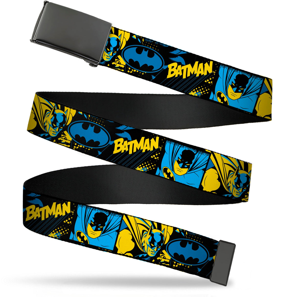 Web Belt Blank Black Buckle - BATMAN Poses and Logo Collage Black/Blue/Yellow Webbing