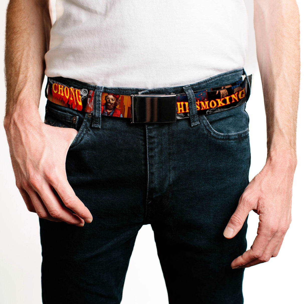 Black Buckle Web Belt - CHEECH & CHONG THE SMOKING DEAD Zombie Pose Red/Yellow Webbing