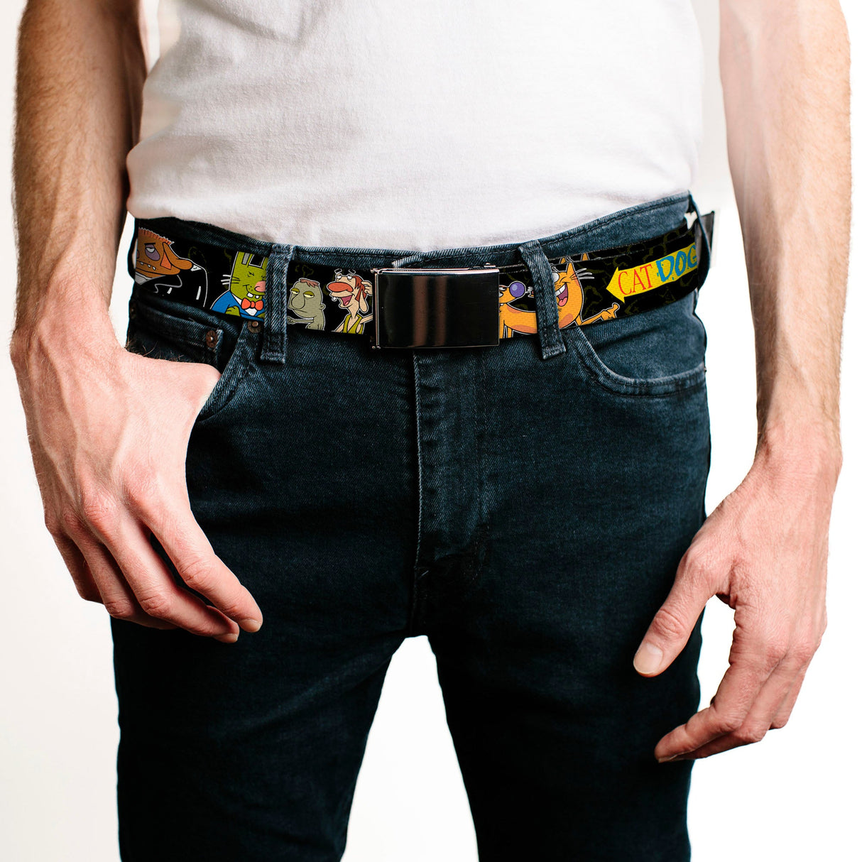 Black Buckle Web Belt - CATDOG Group Pose Black/Multi Color Webbing