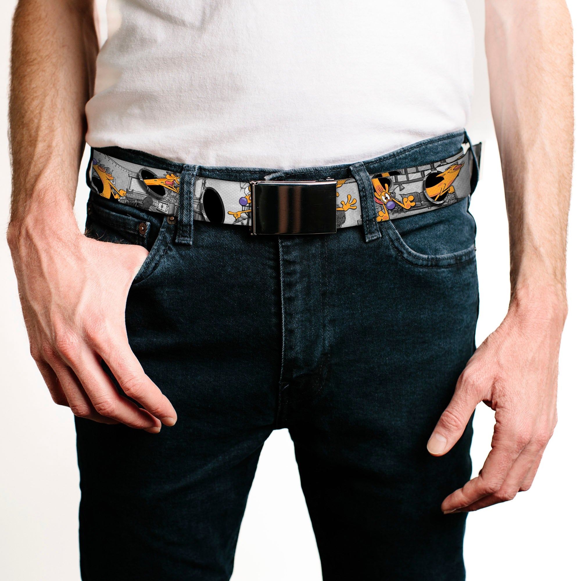 Black Buckle Web Belt - CatDog House Poses Grays Webbing