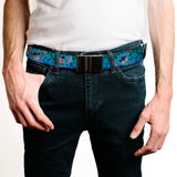 Web Belt Blank Black Buckle - Stitch Expressions/Hibiscus Collage Green-Blue Fade Webbing