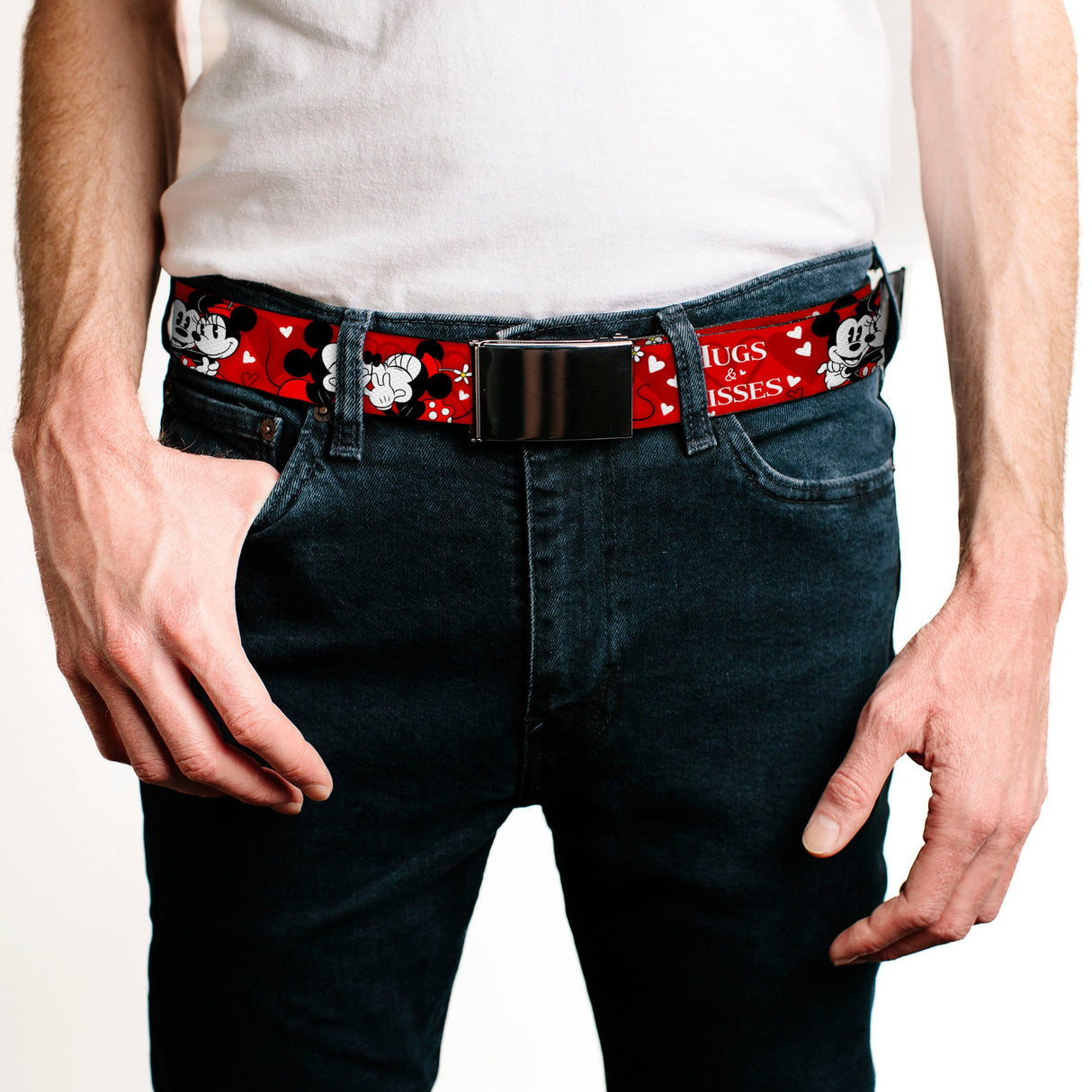 Black Buckle Web Belt - Mickey & Minnie HUGS & KISSES Poses Reds/White Webbing