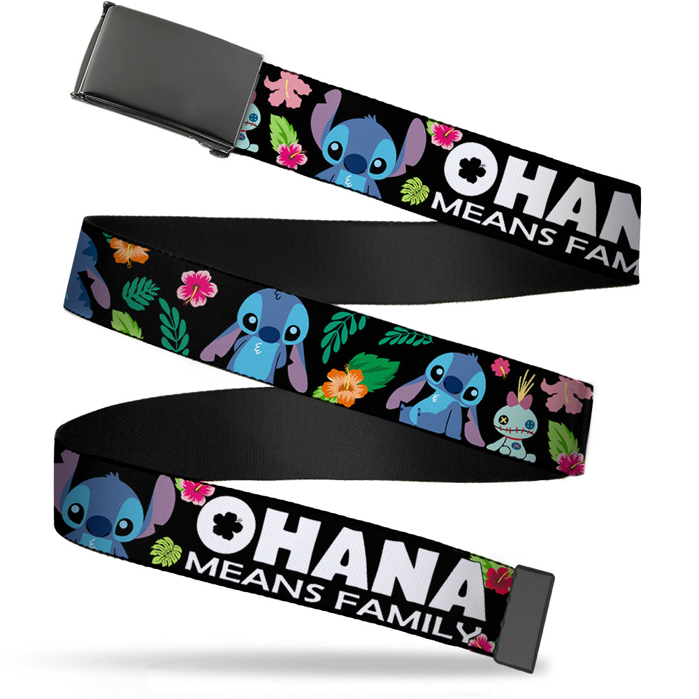 Web Belt Blank Black Buckle - OHANA MEANS FAMILY/Stitch & Scrump Poses/Tropical Flora Black/White/Multi Color Webbing