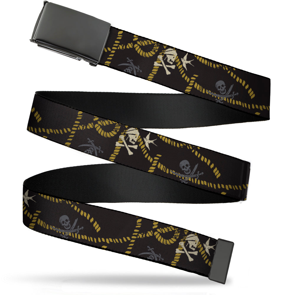 Web Belt Blank Black Buckle - Jack Sparrow's Flag Icons/Skull & Crossed Swords/Rope Black/Tan/Cream/Gray Webbing