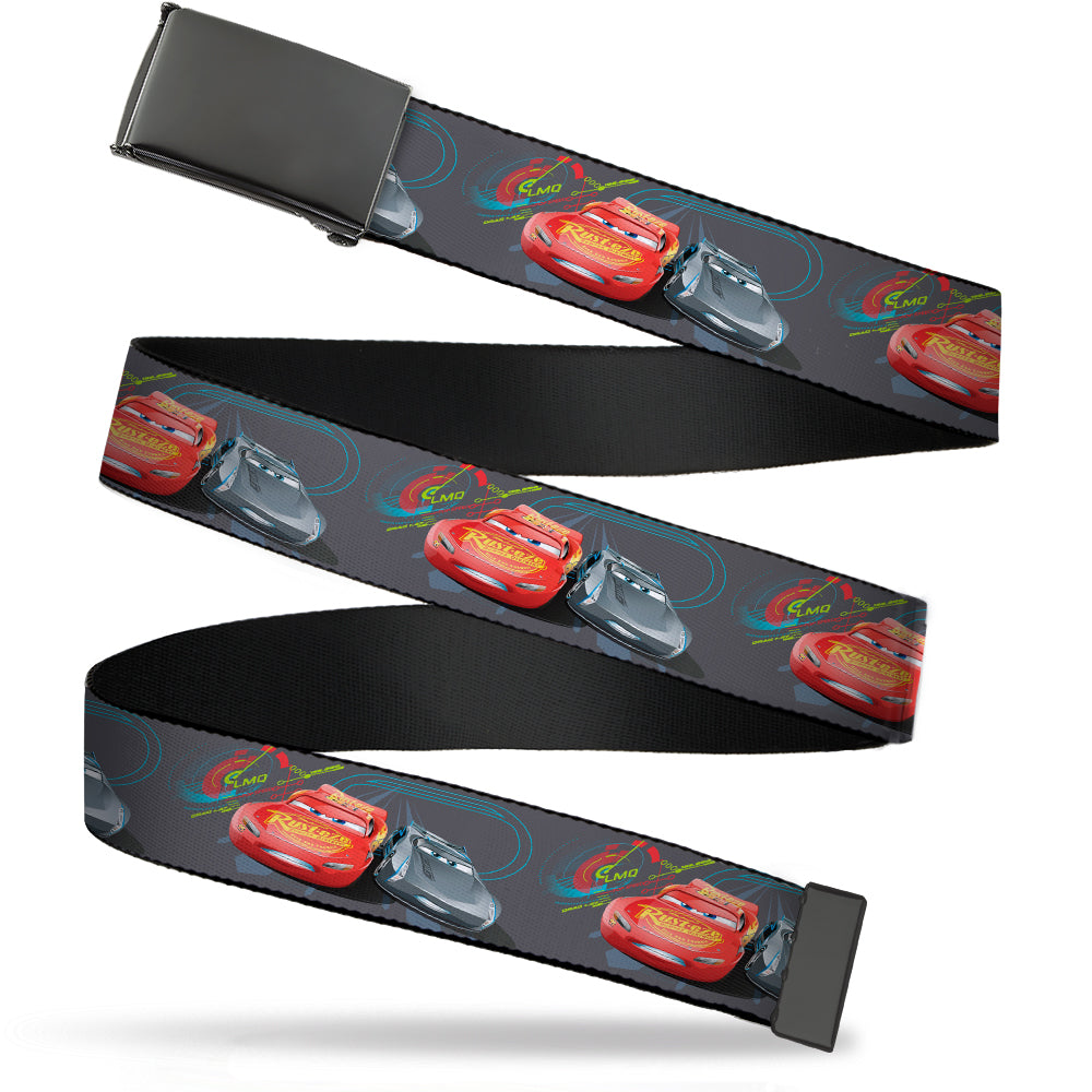 Black Buckle Web Belt - Cars 3 Lightning McQueen/Storm Jackson Racing Pose2 Grays/Blues Webbing