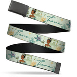 Web Belt Blank Black Buckle - The Princess and the Frog Tiana Palace Pose with Script and Flowers Greens Webbing