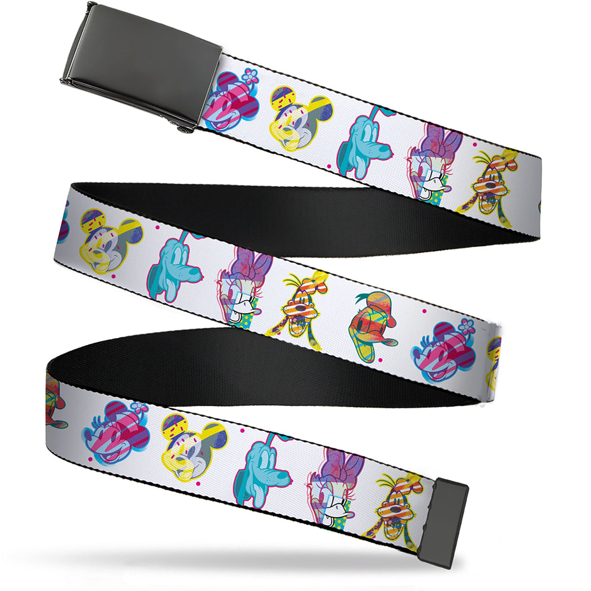 Web Belt Blank Black Buckle - Mickey and Friends Sensational 6 Expressions Scribble White/Multi Color Webbing