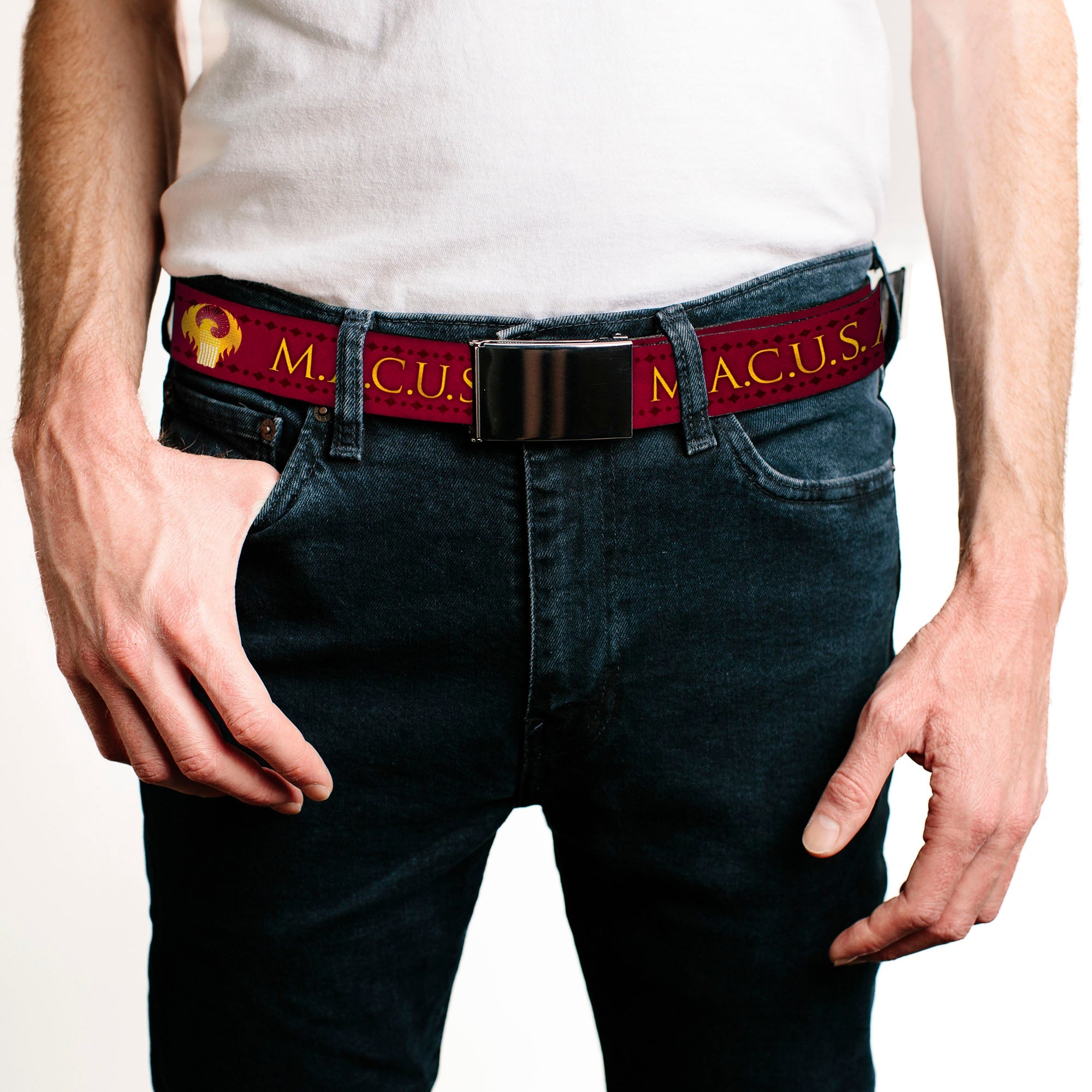 Black Buckle Web Belt - MACUSA/Seal Reds/Golds/White Webbing