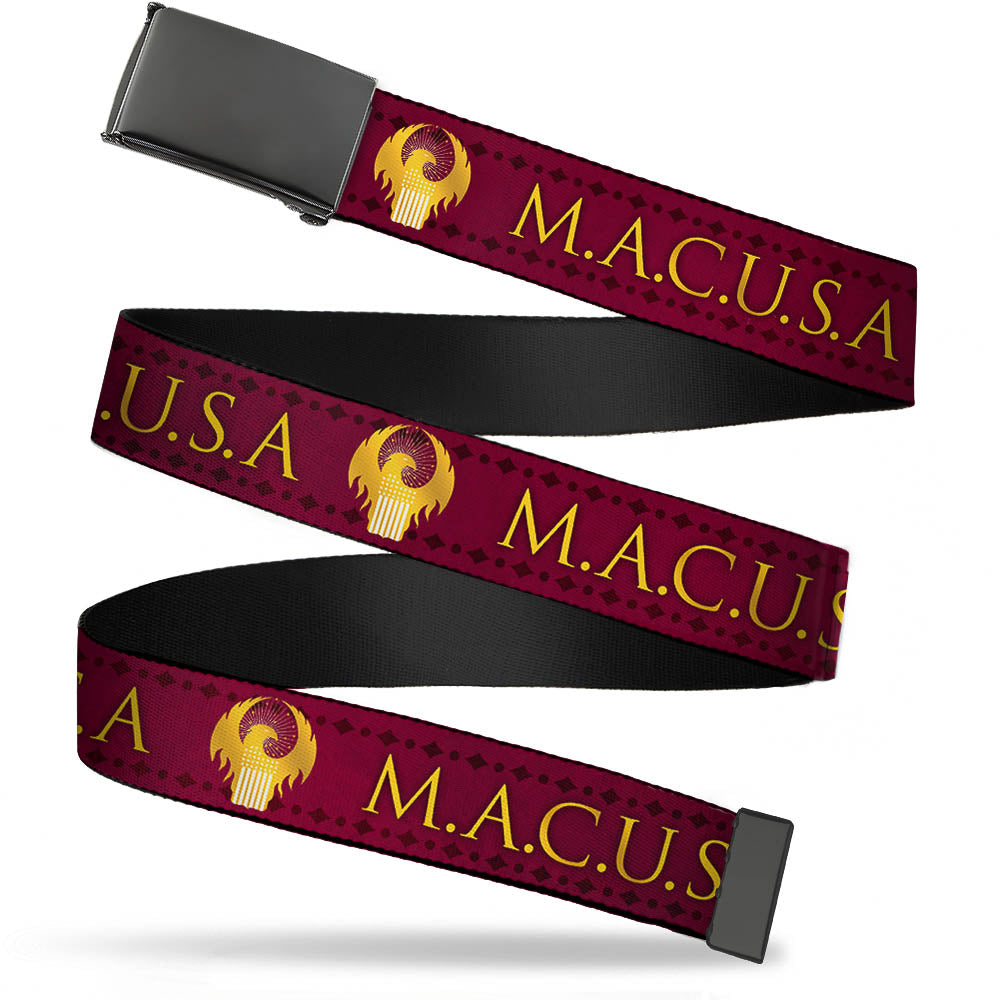 Black Buckle Web Belt - MACUSA/Seal Reds/Golds/White Webbing