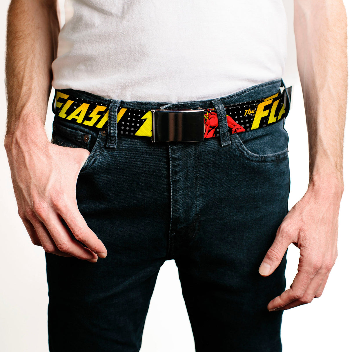 Black Buckle Web Belt - THE FLASH Running Action Pose/Lightning Bolt Halftone Dots Black/Grays/Yellows Webbing