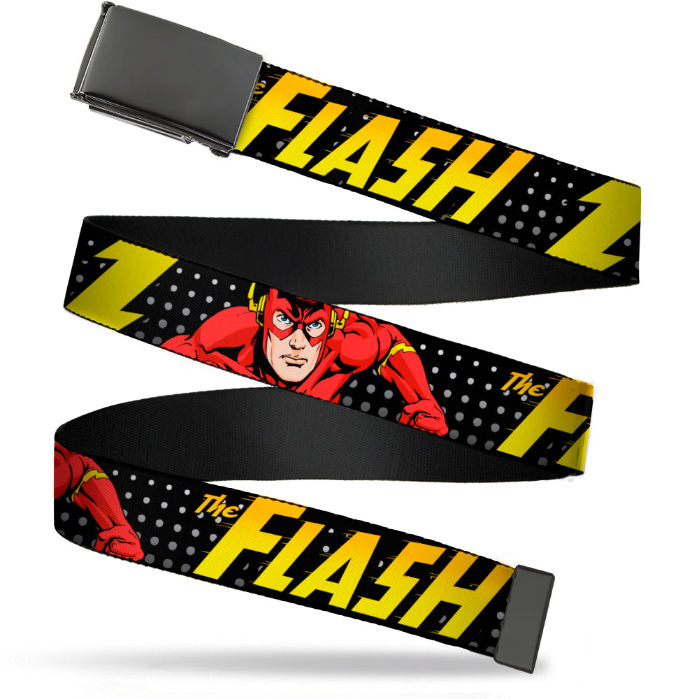 Black Buckle Web Belt - THE FLASH Running Action Pose/Lightning Bolt Halftone Dots Black/Grays/Yellows Webbing